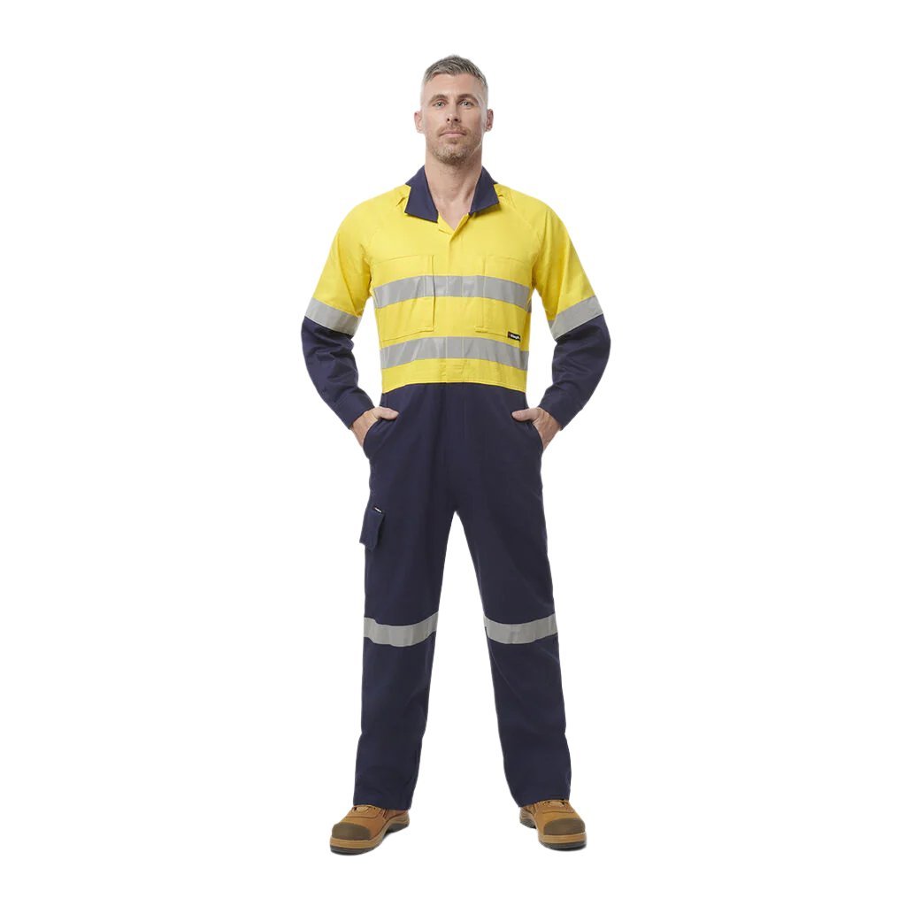 King Gee Workcool 2 Hi - Vis Reflective Two Tone Work Overalls (K51540) - AJP Industrial Supplies - K51540 - Yellow/Navy - 82R