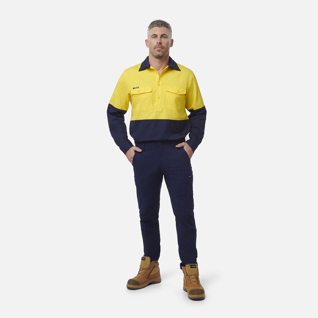 King Gee Workcool 2 Hi - Vis Two Tone Closed Front Long Sleeve Shirt (K54876) - AJP Industrial Supplies - K54876 - Yellow/Navy - 2XS