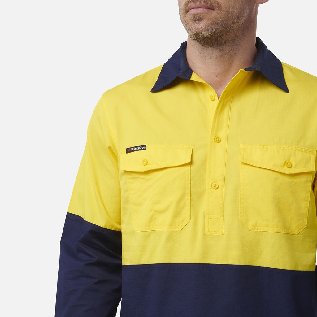 King Gee Workcool 2 Hi - Vis Two Tone Closed Front Long Sleeve Shirt (K54876) - AJP Industrial Supplies - K54876 - Yellow/Navy - 2XS