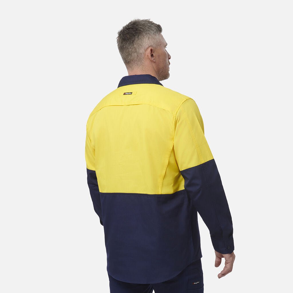 King Gee Workcool 2 Hi - Vis Two Tone Closed Front Long Sleeve Shirt (K54876) - AJP Industrial Supplies - K54876 - Yellow/Navy - 2XS