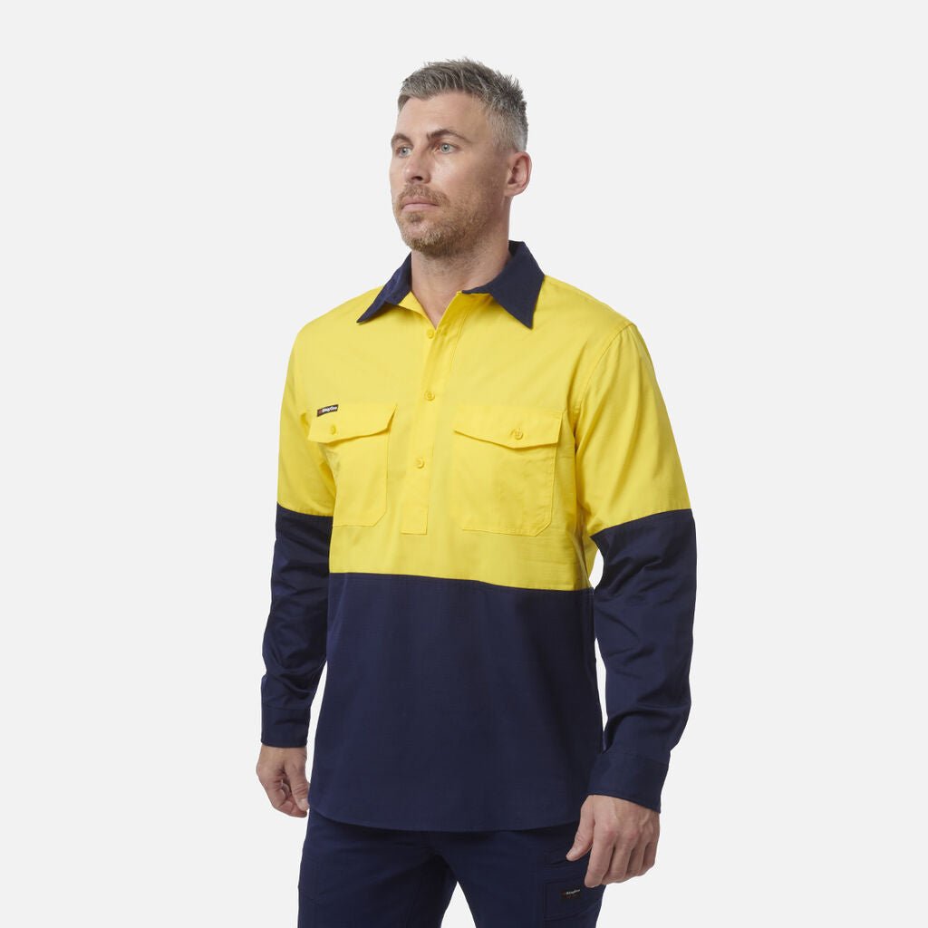 King Gee Workcool 2 Hi - Vis Two Tone Closed Front Long Sleeve Shirt (K54876) - AJP Industrial Supplies - K54876 - Yellow/Navy - 2XS
