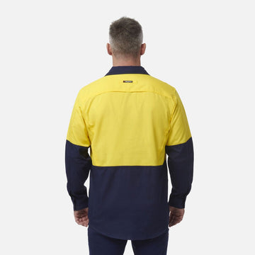 King Gee Workcool 2 Hi - Vis Two Tone Closed Front Long Sleeve Shirt (K54876) - AJP Industrial Supplies - K54876 - Yellow/Navy - 2XS