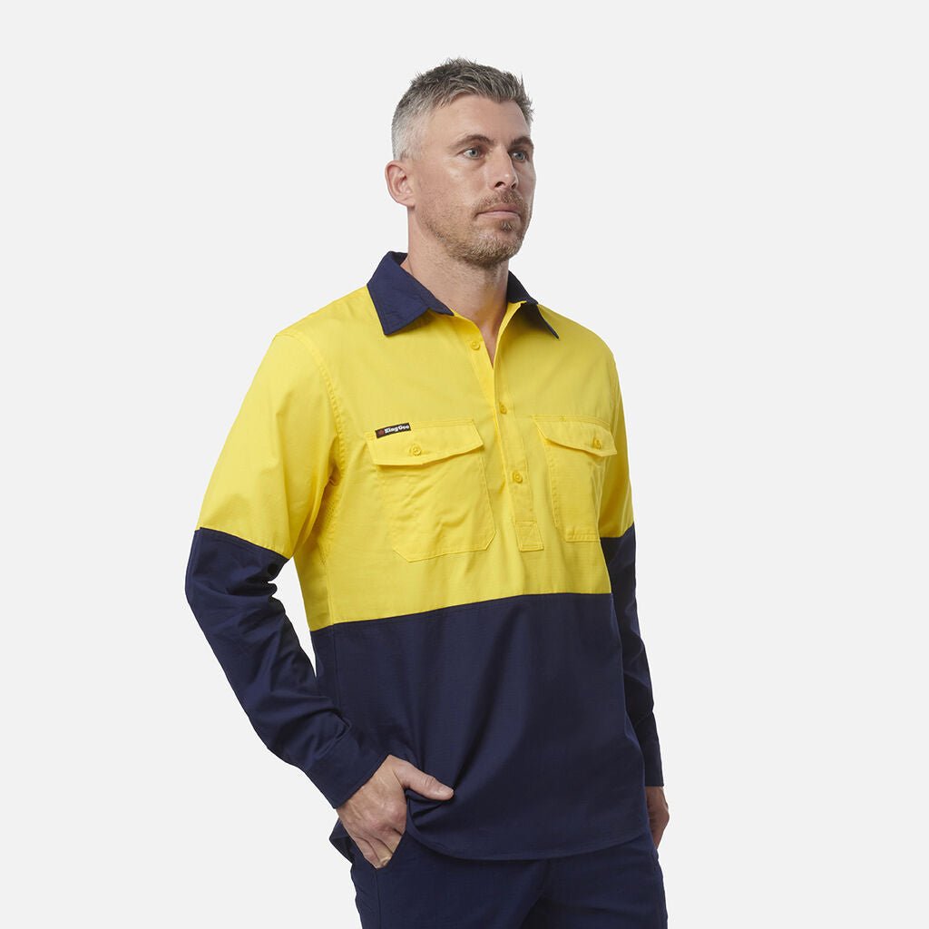 King Gee Workcool 2 Hi - Vis Two Tone Closed Front Long Sleeve Shirt (K54876) - AJP Industrial Supplies - K54876 - Yellow/Navy - 2XS
