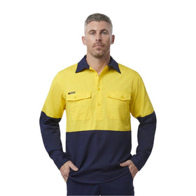 King Gee Workcool 2 Hi - Vis Two Tone Closed Front Long Sleeve Shirt (K54876) - AJP Industrial Supplies - K54876 - Yellow/Navy - 2XS