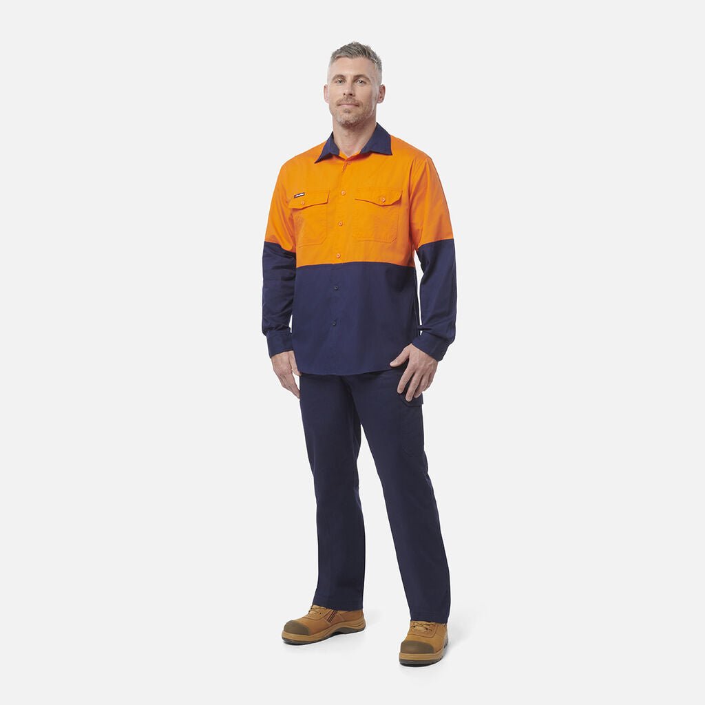 King Gee Workcool 2 Hi - Vis Two Tone Long Sleeve Drill Work Shirt (K54870) - AJP Industrial Supplies - K54870 - Orange/Navy - 2XS
