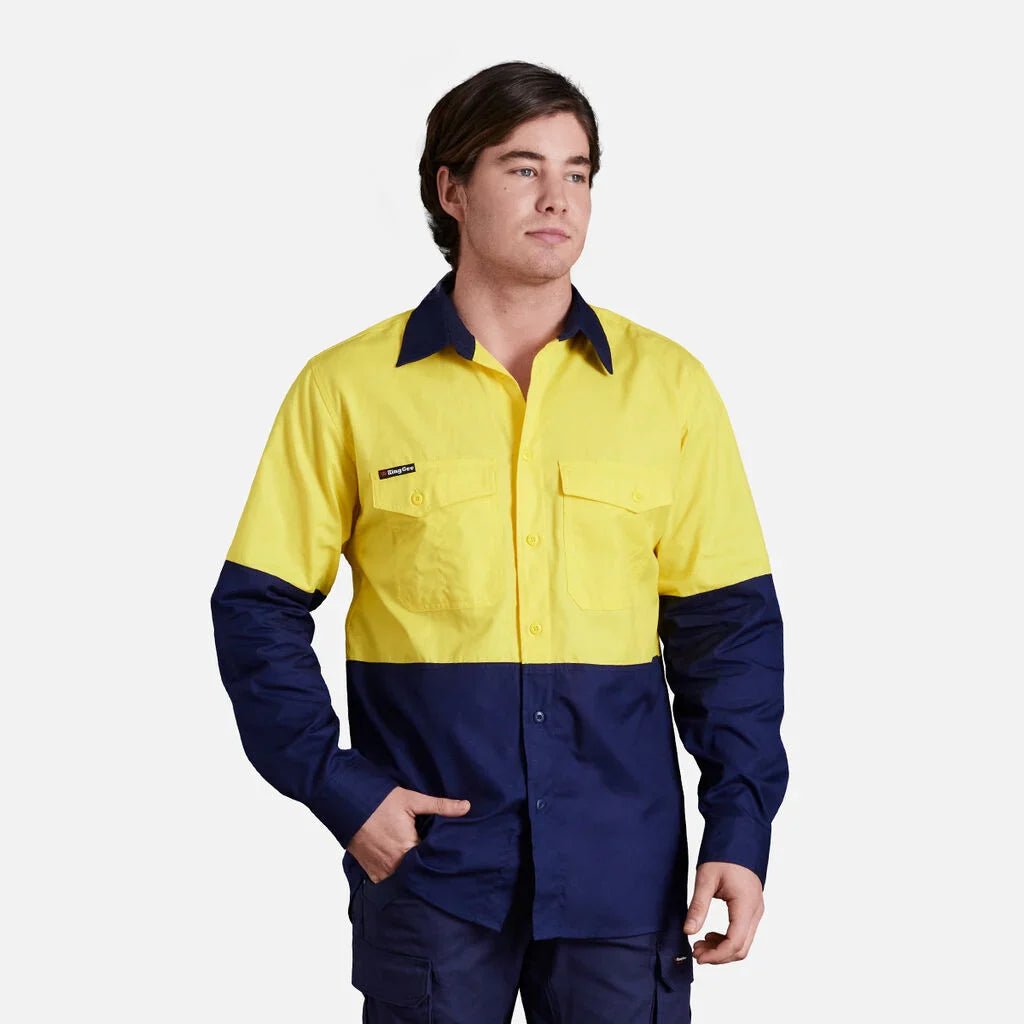 King Gee Workcool 2 Hi - Vis Two Tone Long Sleeve Drill Work Shirt (K54870) - AJP Industrial Supplies - K54870 - Orange/Navy - 2XS