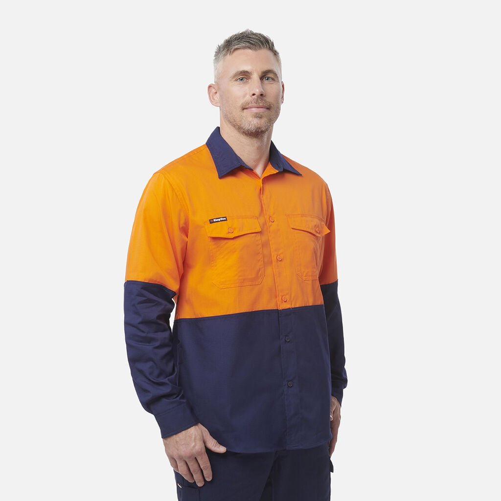 King Gee Workcool 2 Hi - Vis Two Tone Long Sleeve Drill Work Shirt (K54870) - AJP Industrial Supplies - K54870 - Orange/Navy - 2XS