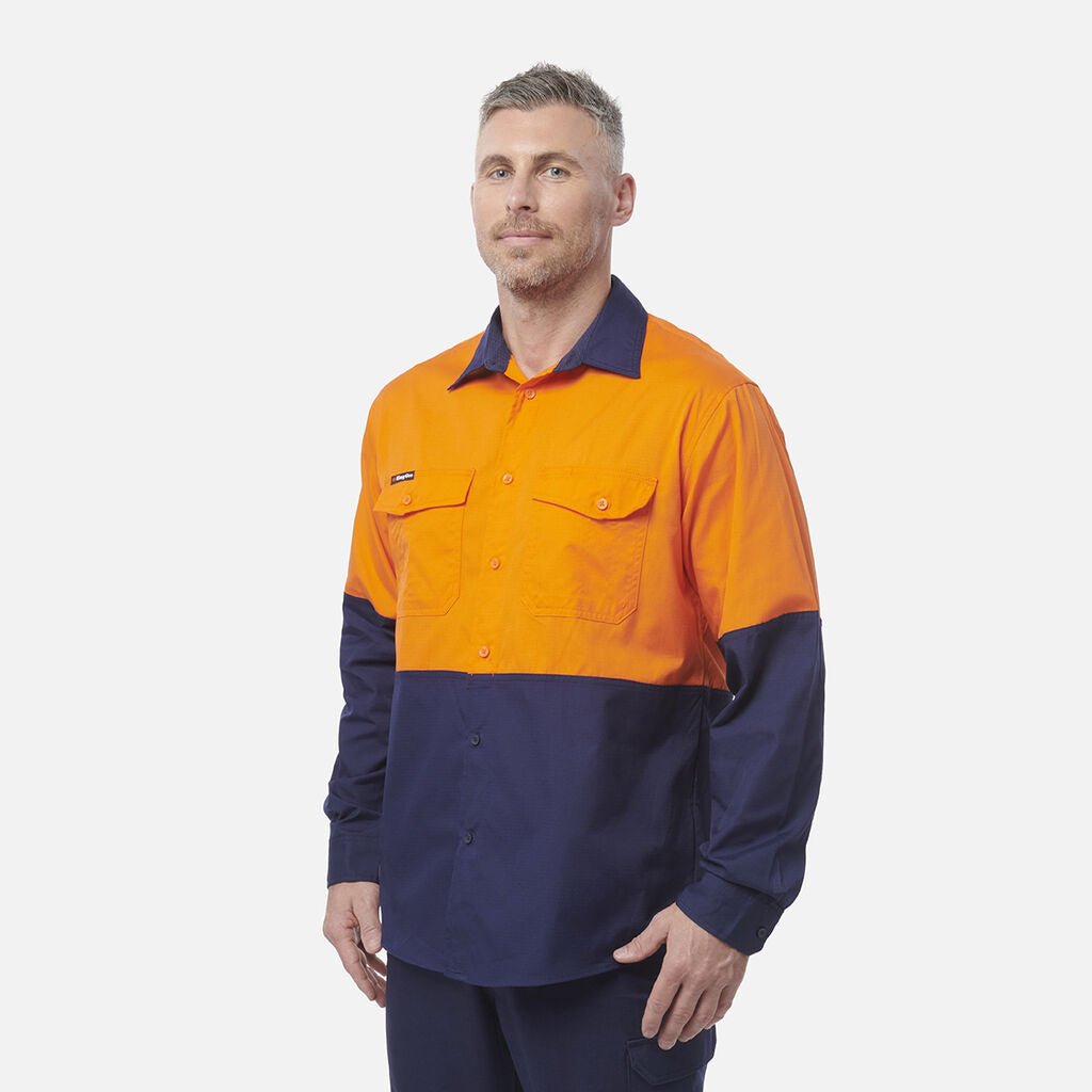 King Gee Workcool 2 Hi - Vis Two Tone Long Sleeve Drill Work Shirt (K54870) - AJP Industrial Supplies - K54870 - Orange/Navy - 2XS