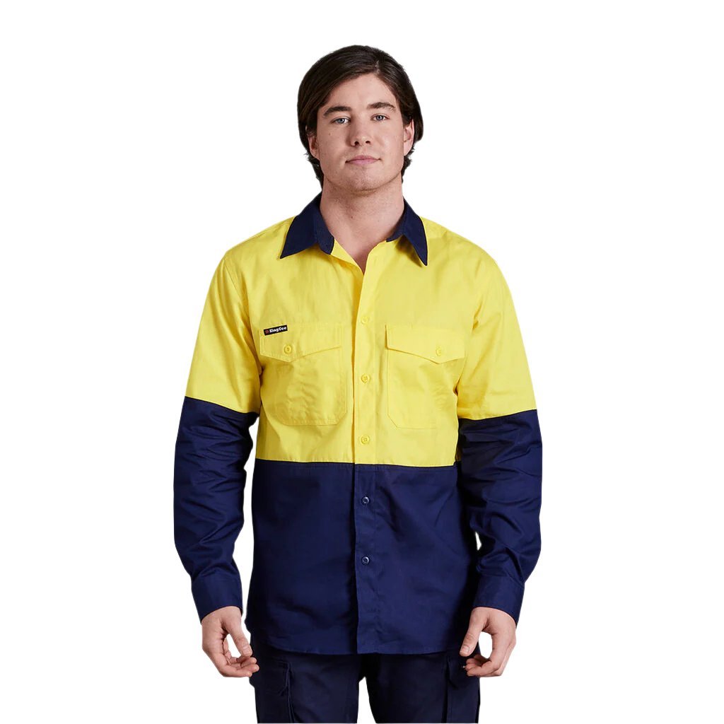 King Gee Workcool 2 Hi - Vis Two Tone Long Sleeve Drill Work Shirt (K54870) - AJP Industrial Supplies - K54870 - Yellow/Navy - 2XS