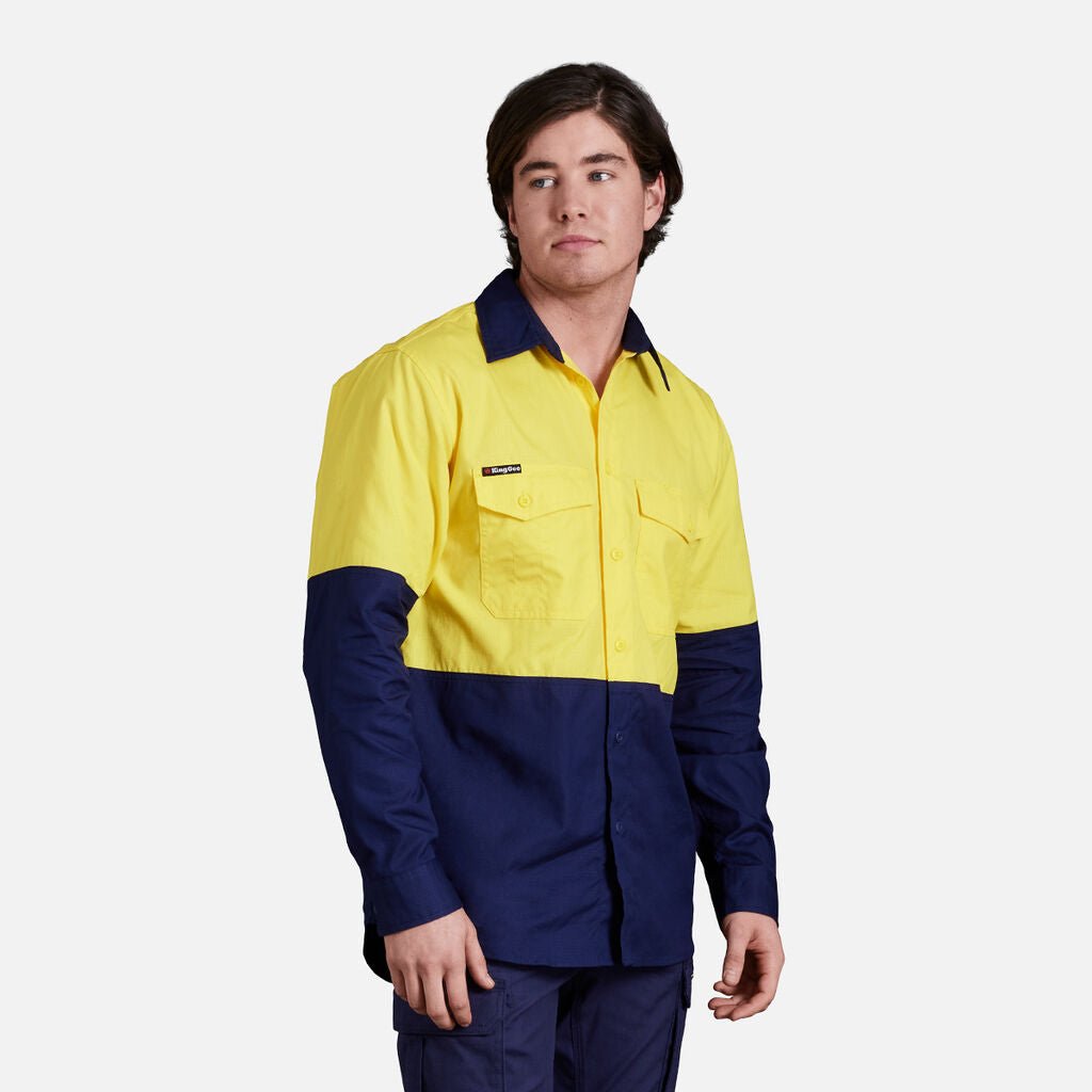 King Gee Workcool 2 Hi - Vis Two Tone Long Sleeve Drill Work Shirt (K54870) - AJP Industrial Supplies - K54870 - Orange/Navy - 2XS