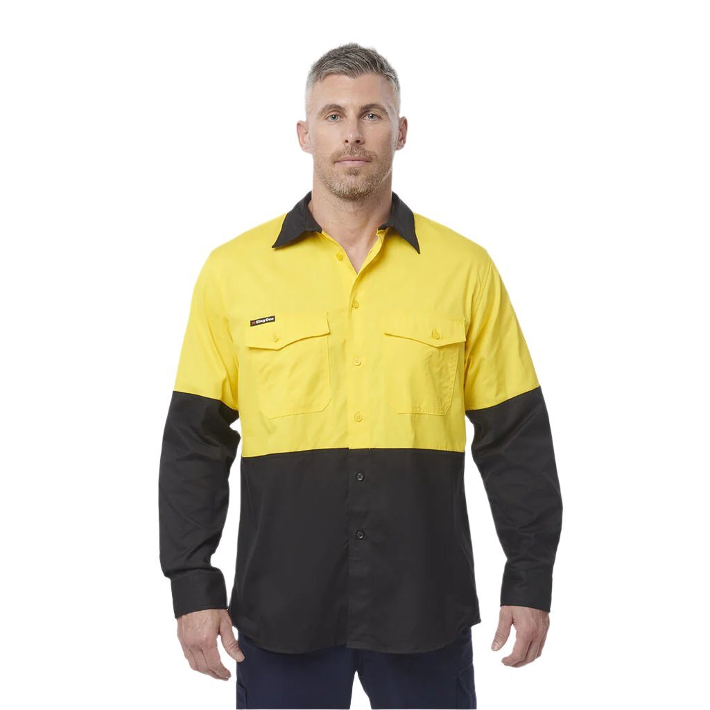 King Gee Workcool 2 Hi - Vis Two Tone Long Sleeve Drill Work Shirt (K54870) - AJP Industrial Supplies - K54870 - Yellow/Black - 2XS