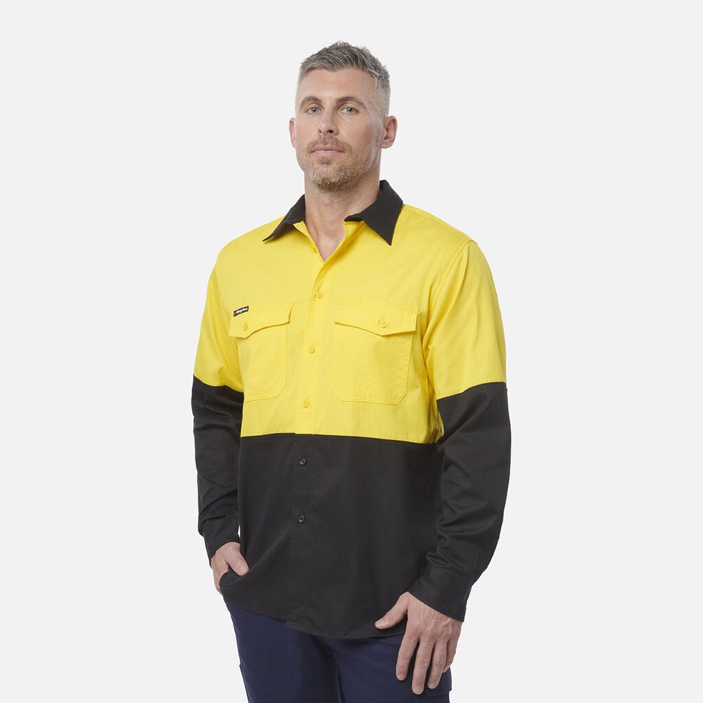 King Gee Workcool 2 Hi - Vis Two Tone Long Sleeve Drill Work Shirt (K54870) - AJP Industrial Supplies - K54870 - Orange/Navy - 2XS