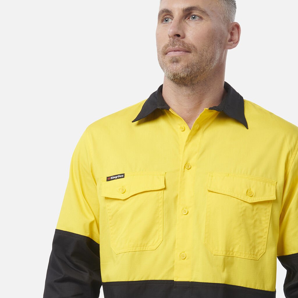 King Gee Workcool 2 Hi - Vis Two Tone Long Sleeve Drill Work Shirt (K54870) - AJP Industrial Supplies - K54870 - Orange/Navy - 2XS