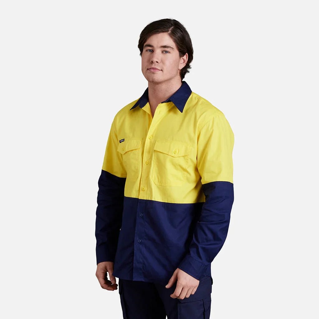 King Gee Workcool 2 Hi - Vis Two Tone Long Sleeve Drill Work Shirt (K54870) - AJP Industrial Supplies - K54870 - Orange/Navy - 2XS