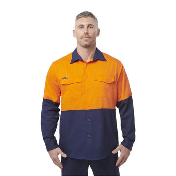 King Gee Workcool 2 Hi - Vis Two Tone Long Sleeve Drill Work Shirt (K54870) - AJP Industrial Supplies - K54870 - Orange/Navy - 2XS