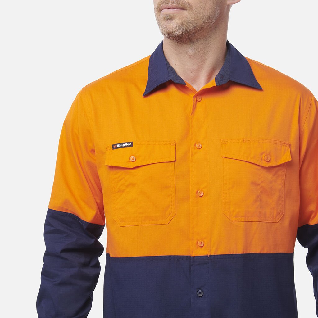 King Gee Workcool 2 Hi - Vis Two Tone Long Sleeve Drill Work Shirt (K54870) - AJP Industrial Supplies - K54870 - Orange/Navy - 2XS