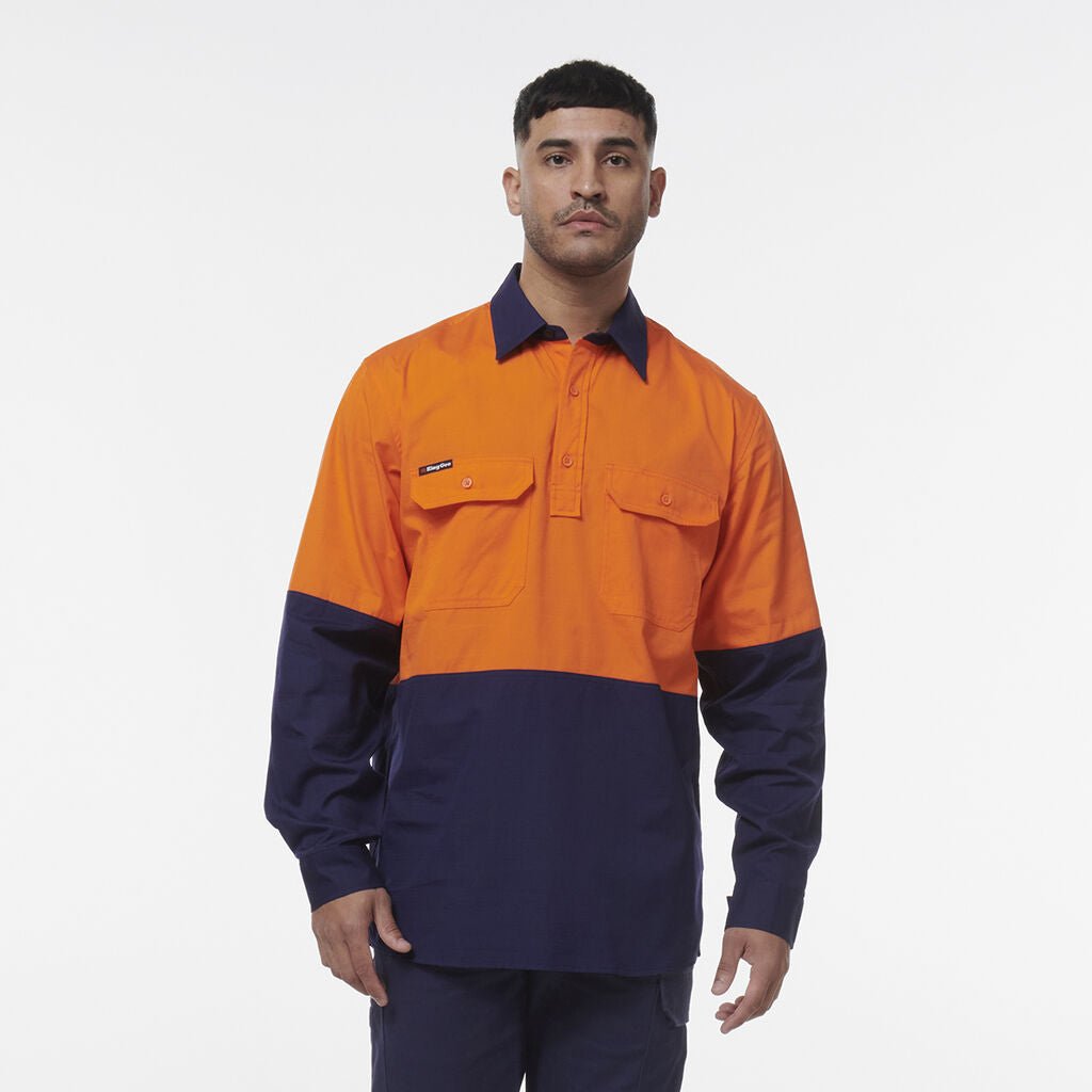 King Gee Workcool Vented Closed Front Spliced Shirt (K54011) - AJP Industrial Supplies - K54011 - Orange/Navy - 2XS