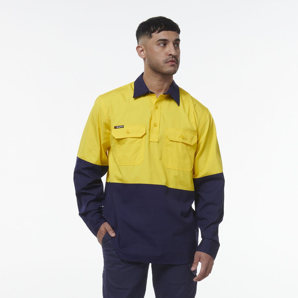 King Gee Workcool Vented Closed Front Spliced Shirt (K54011) - AJP Industrial Supplies - K54011 - Orange/Navy - 2XS
