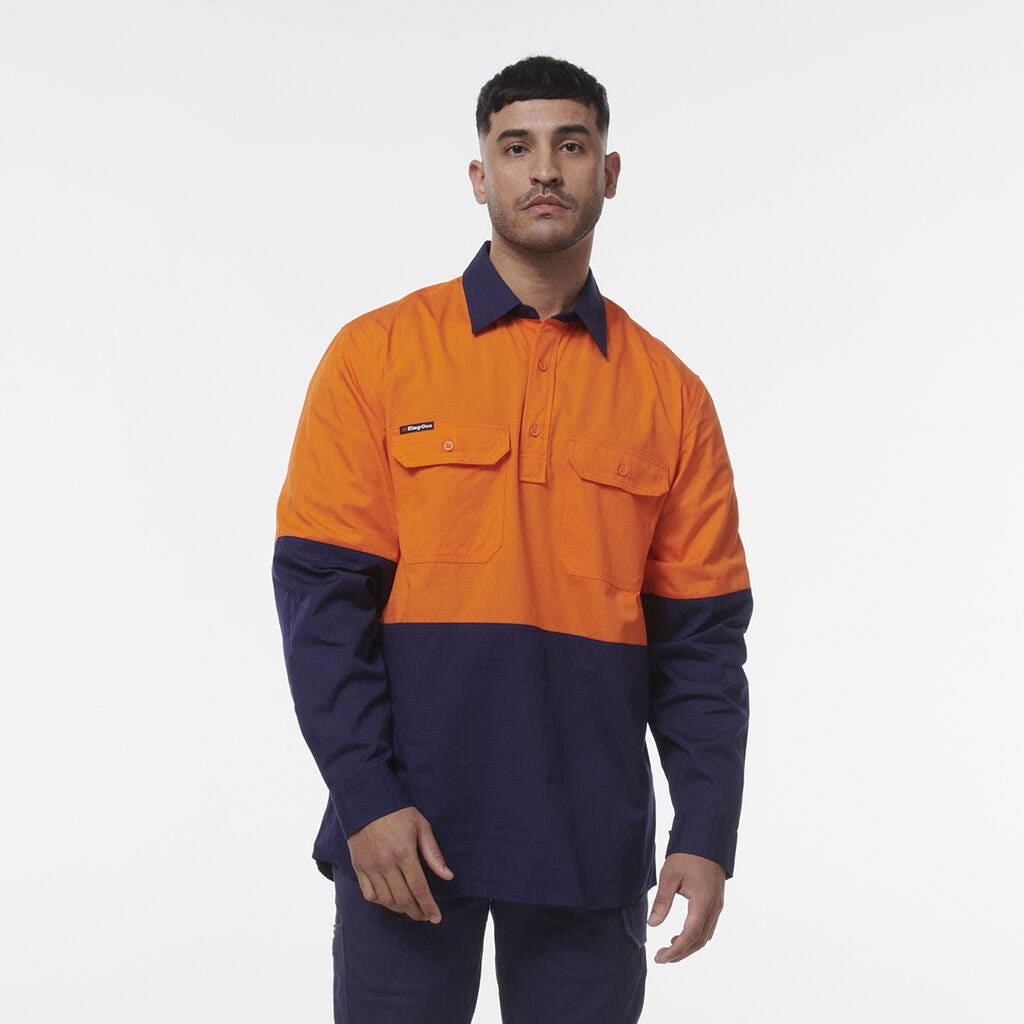 King Gee Workcool Vented Closed Front Spliced Shirt (K54011) - AJP Industrial Supplies - K54011 - Orange/Navy - 2XS