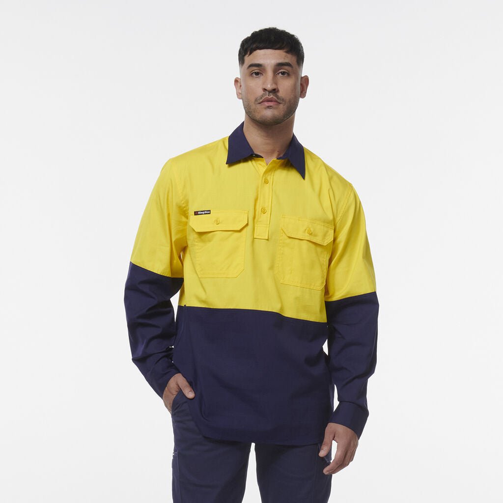 King Gee Workcool Vented Closed Front Spliced Shirt (K54011) - AJP Industrial Supplies - K54011 - Orange/Navy - 2XS