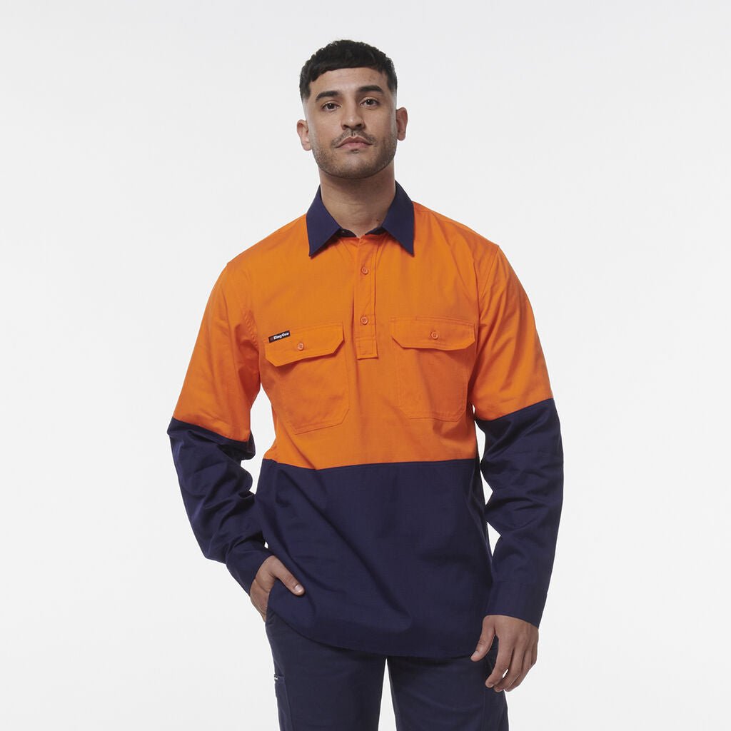 King Gee Workcool Vented Closed Front Spliced Shirt (K54011) - AJP Industrial Supplies - K54011 - Orange/Navy - 2XS