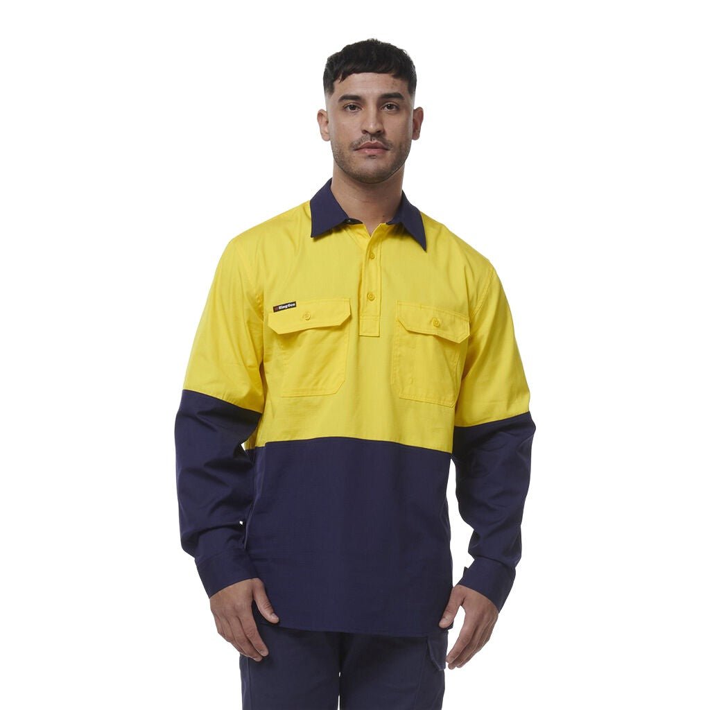 King Gee Workcool Vented Closed Front Spliced Shirt (K54011) - AJP Industrial Supplies - K54011 - Yellow/Navy - 2XS