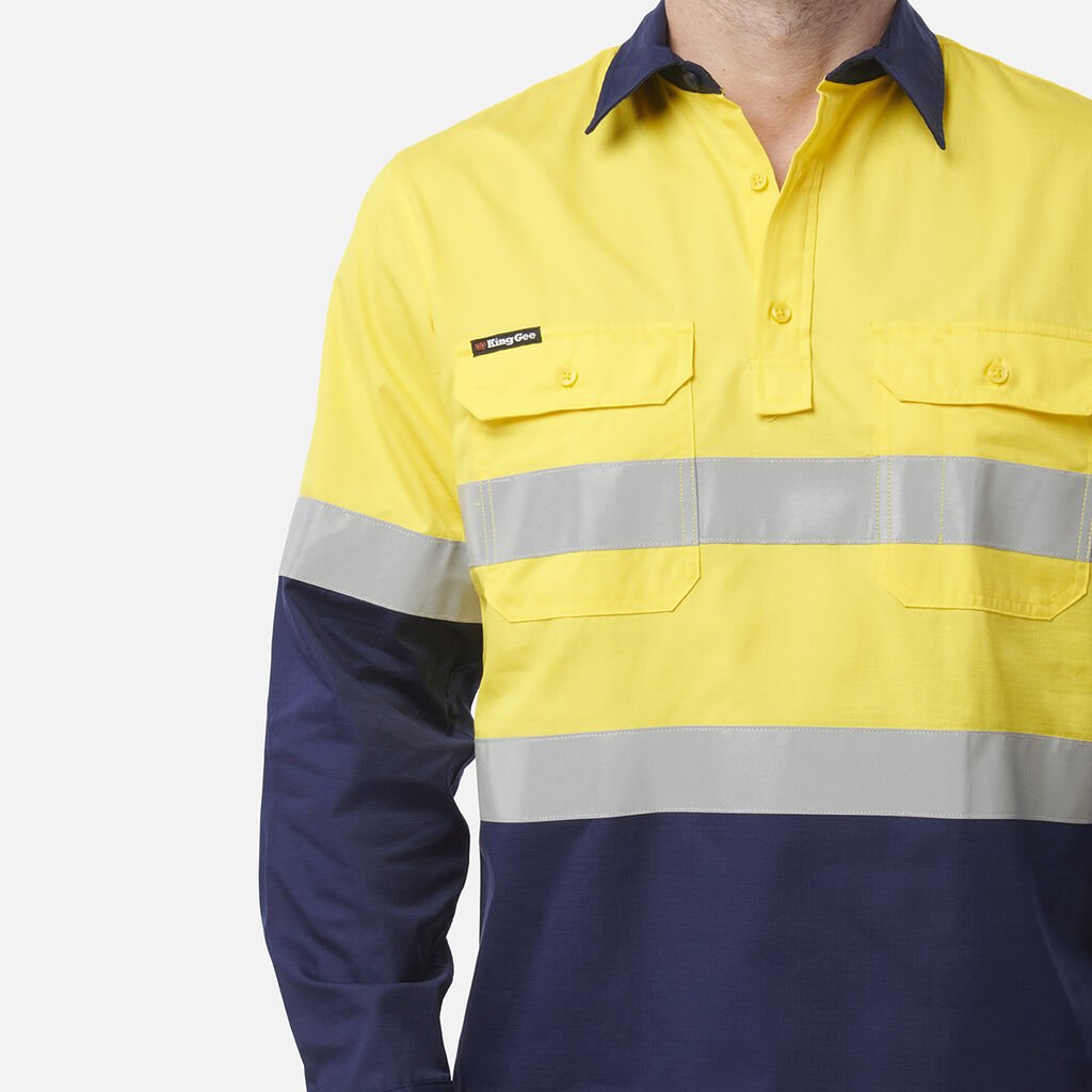 King Gee Workcool Vented Closed Front Spliced Shirt Taped Long Sleeve (K54914) - AJP Industrial Supplies - K54914 - Orange/Navy - 2XS