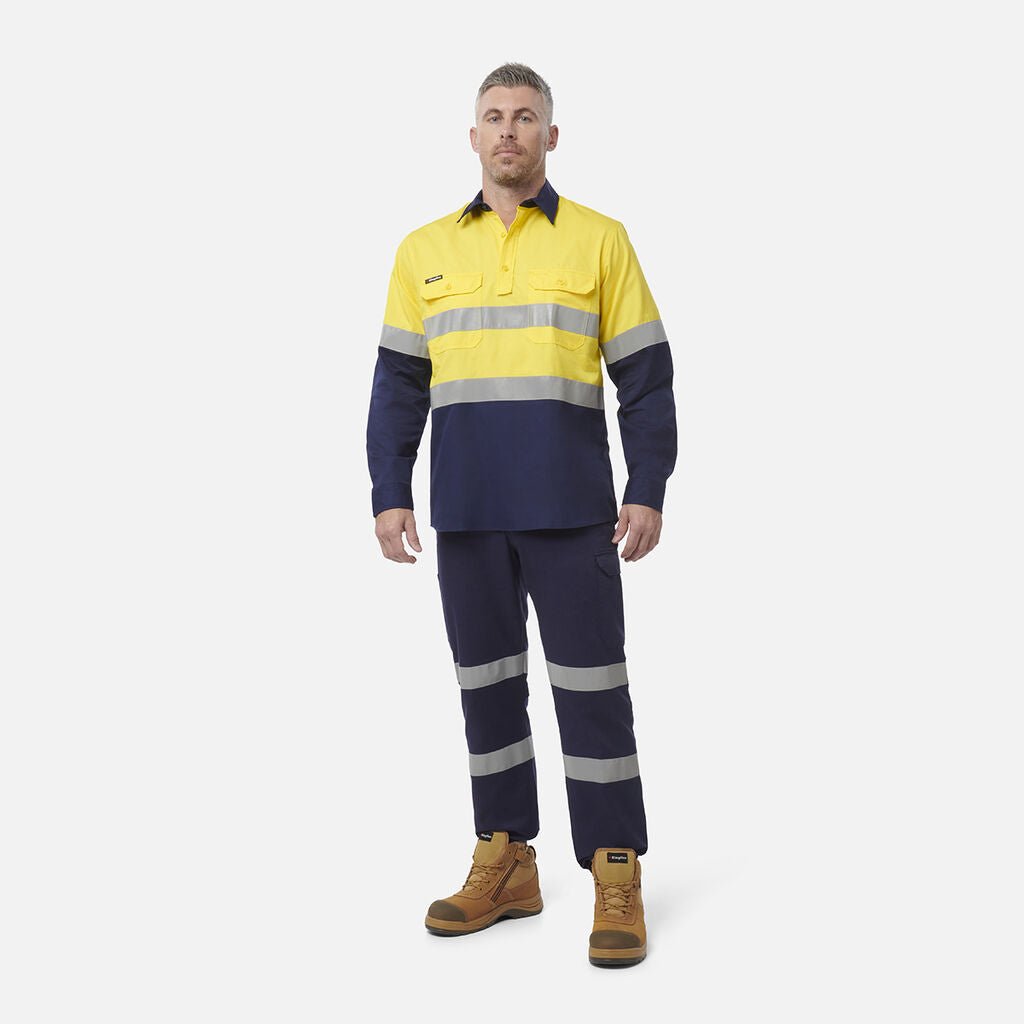 King Gee Workcool Vented Closed Front Spliced Shirt Taped Long Sleeve (K54914) - AJP Industrial Supplies - K54914 - Orange/Navy - 2XS