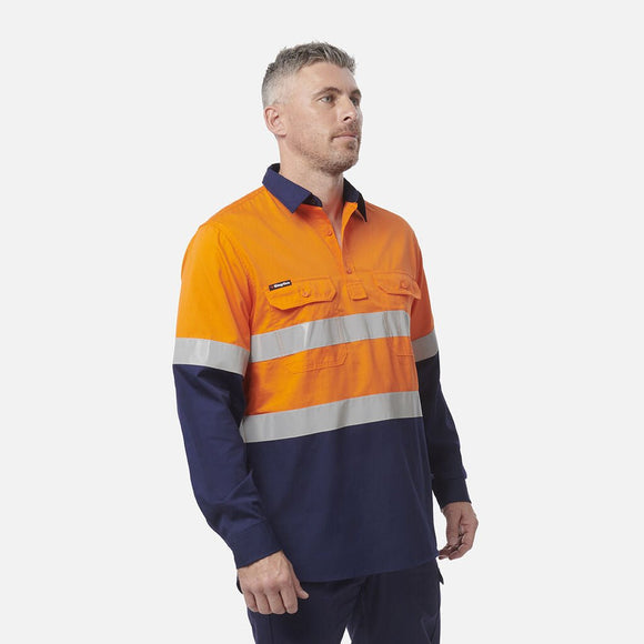 King Gee Workcool Vented Closed Front Spliced Shirt Taped Long Sleeve (K54914) - AJP Industrial Supplies - K54914 - Orange/Navy - 2XS