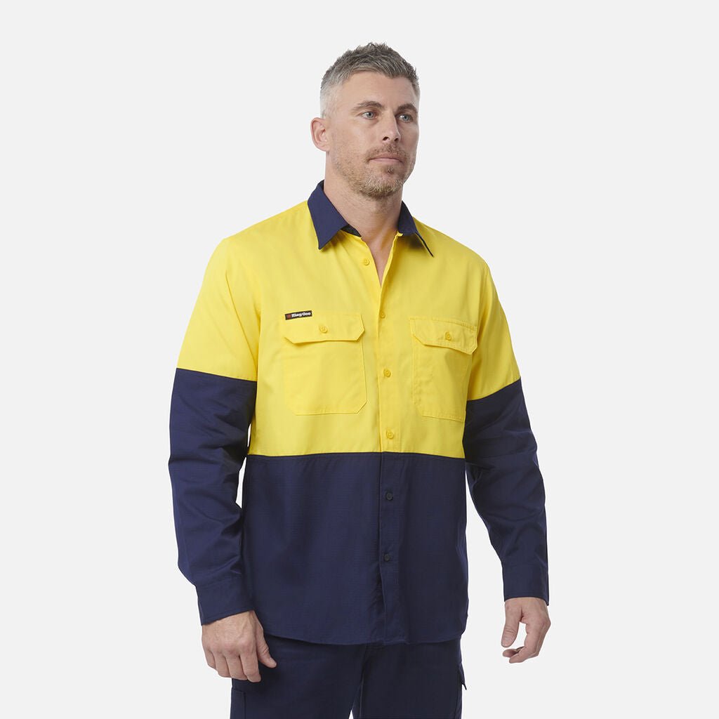 King Gee Workcool Vented Spliced Shirt Long Sleeve (K54912) - AJP Industrial Supplies - K54912 - Orange/Navy - 2XS