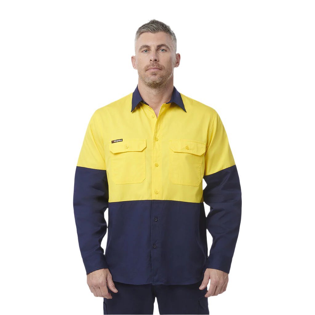 King Gee Workcool Vented Spliced Shirt Long Sleeve (K54912) - AJP Industrial Supplies - K54912 - Yellow/Navy - 2XS