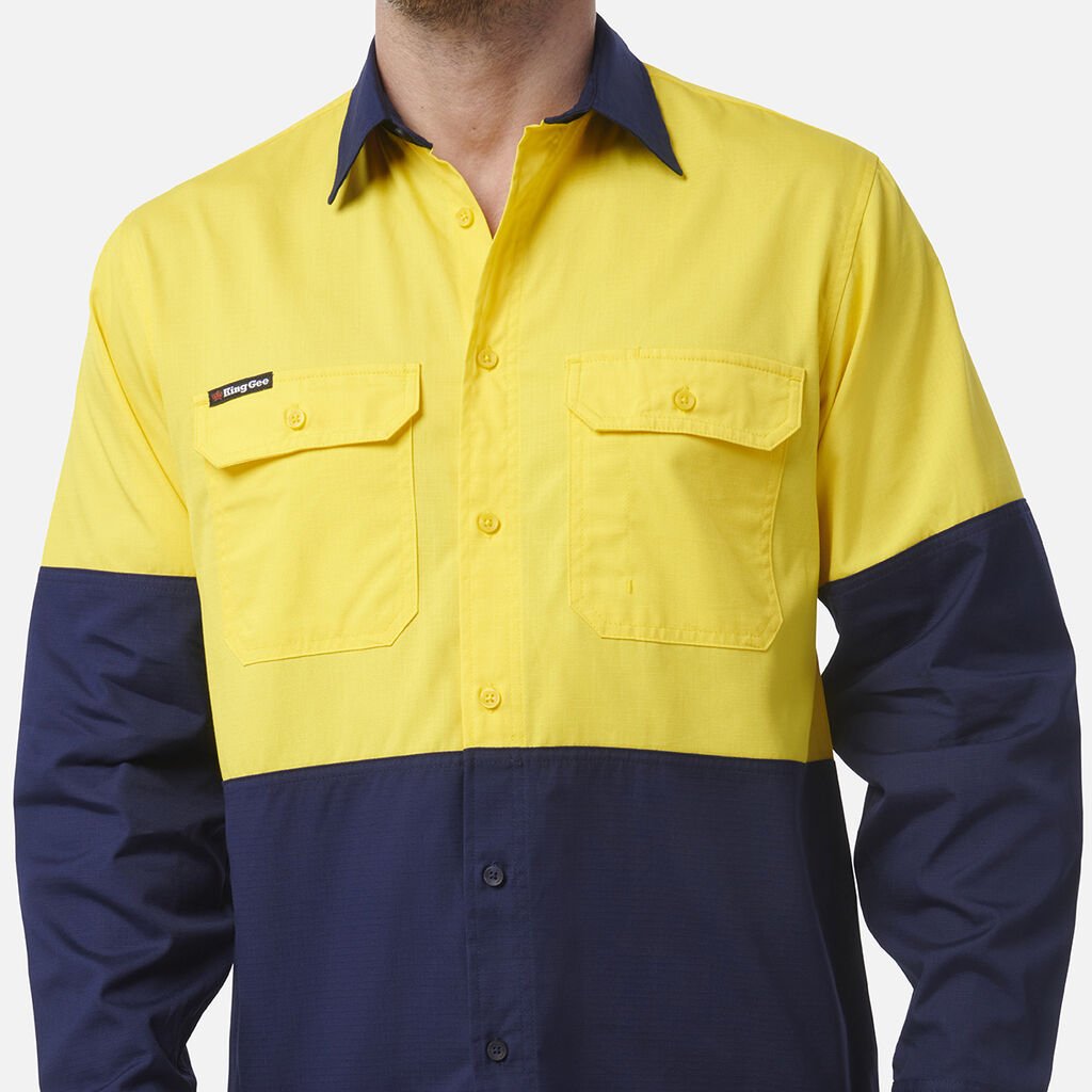 King Gee Workcool Vented Spliced Shirt Long Sleeve (K54912) - AJP Industrial Supplies - K54912 - Orange/Navy - 2XS