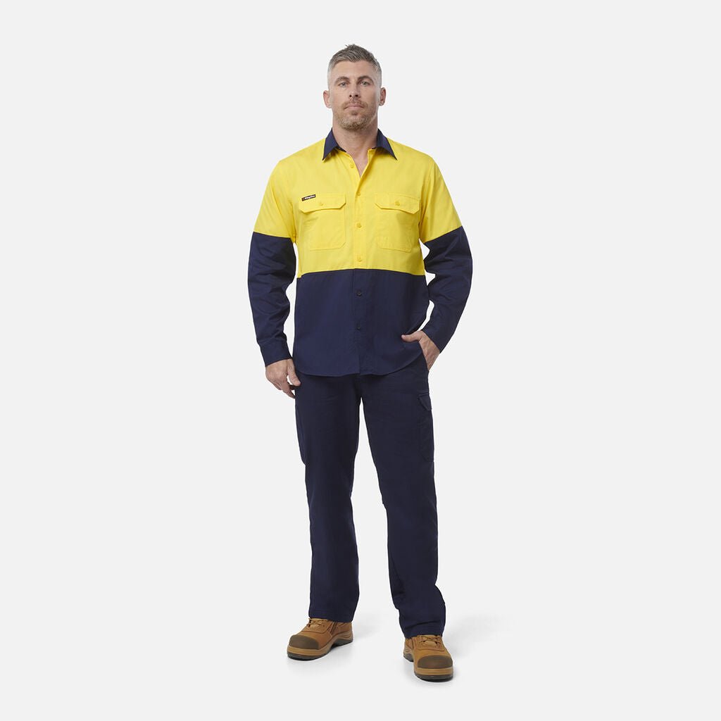 King Gee Workcool Vented Spliced Shirt Long Sleeve (K54912) - AJP Industrial Supplies - K54912 - Orange/Navy - 2XS