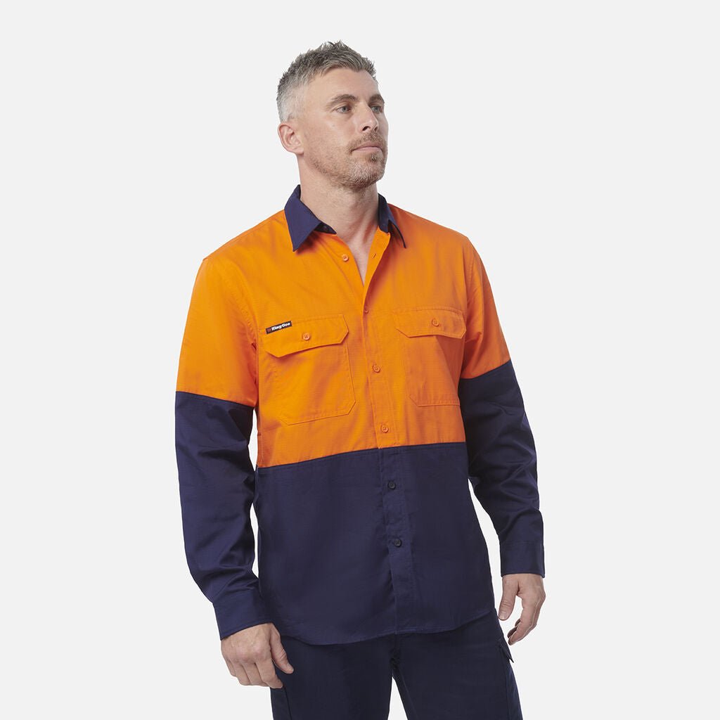 King Gee Workcool Vented Spliced Shirt Long Sleeve (K54912) - AJP Industrial Supplies - K54912 - Orange/Navy - 2XS