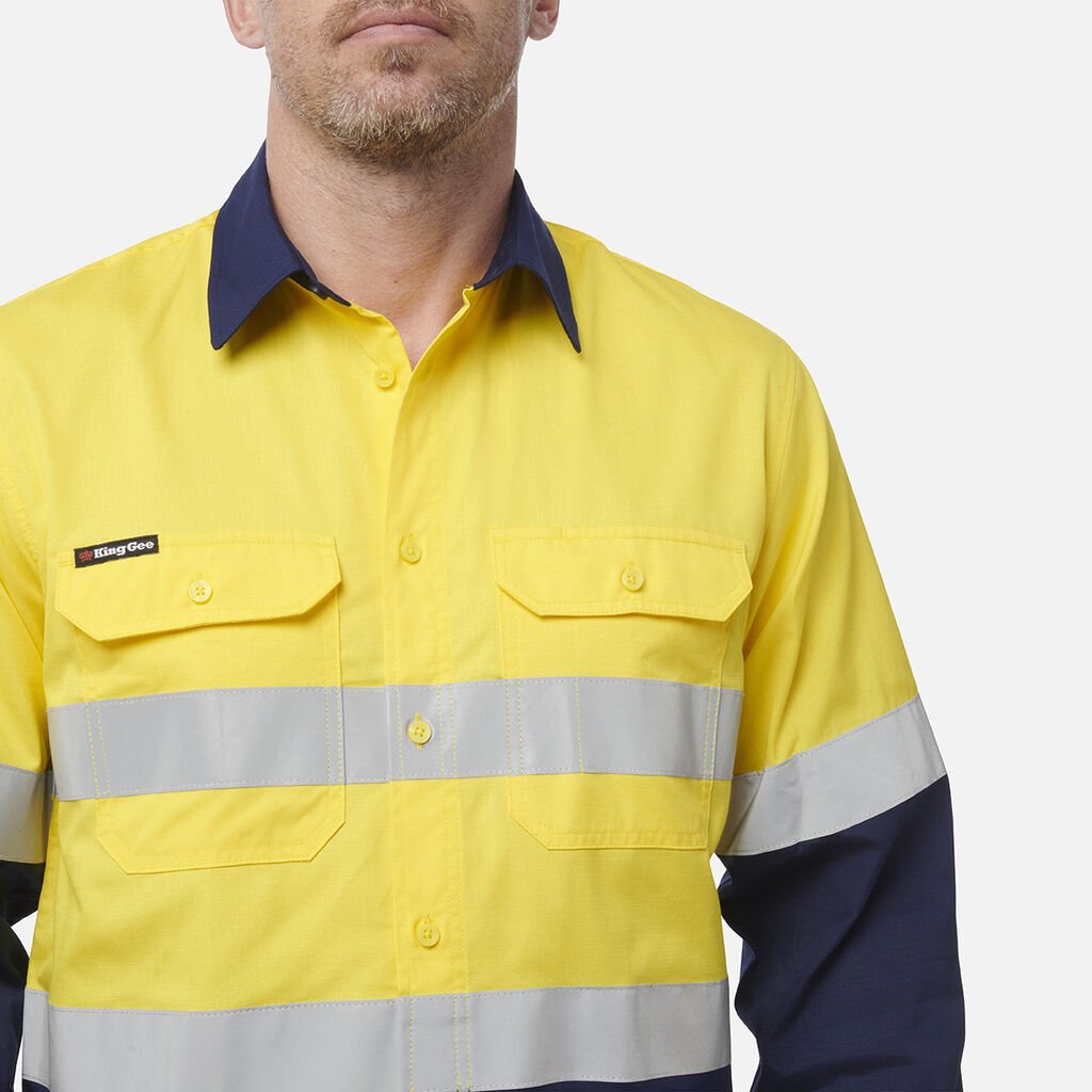 King Gee Workcool Vented Spliced Shirt Taped Long Sleeve (K54913) - AJP Industrial Supplies - K54913 - Orange/Navy - 2XS