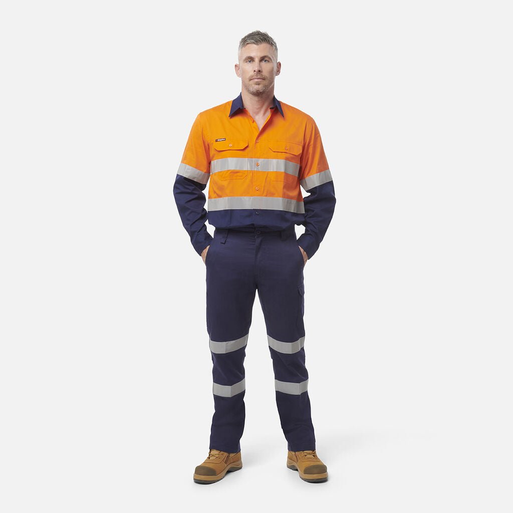King Gee Workcool Vented Spliced Shirt Taped Long Sleeve (K54913) - AJP Industrial Supplies - K54913 - Orange/Navy - 2XS