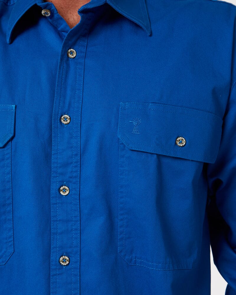 Open Front Cotton Twill LS Shirt - Cobalt - AJP Industrial Supplies - pilbara - rm500bt - cobalt - s