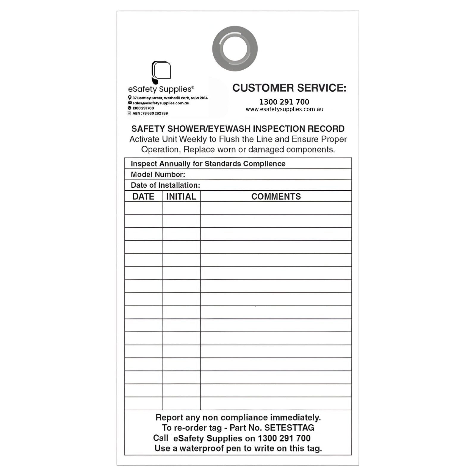Shower And Eye Wash Test Tag - Pack Of 10 - AJP Industrial Supplies - SETESTTAG