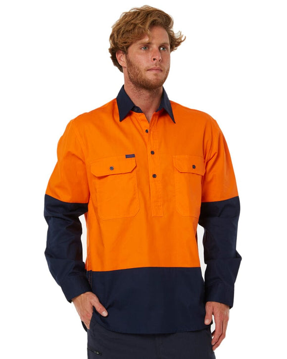 Vented Closed Front Lightweight LS Shirt - Orange/Navy - AJP Industrial Supplies - pilbara - rm107vcf - ora - nav - s