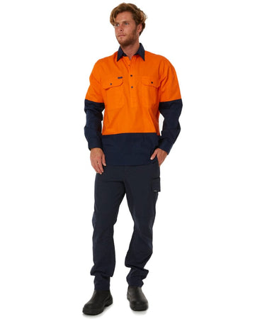 Vented Closed Front Lightweight LS Shirt - Orange/Navy - AJP Industrial Supplies - pilbara - rm107vcf - ora - nav - s
